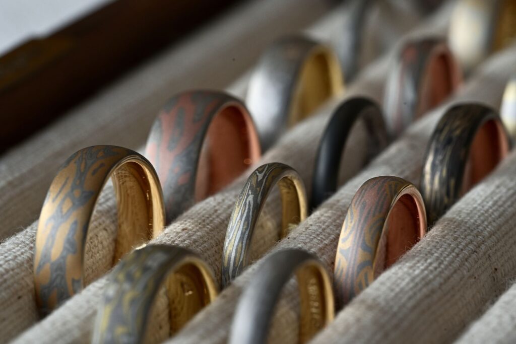 Mokumegane wedding band and bespoke jewellery ring samples with unique woodgrain patterns